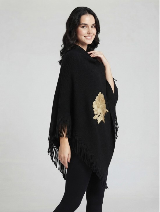 3D Floral Embroidery Poncho W/ Fringes 3D Floral Embroidery Poncho W/ Fringes